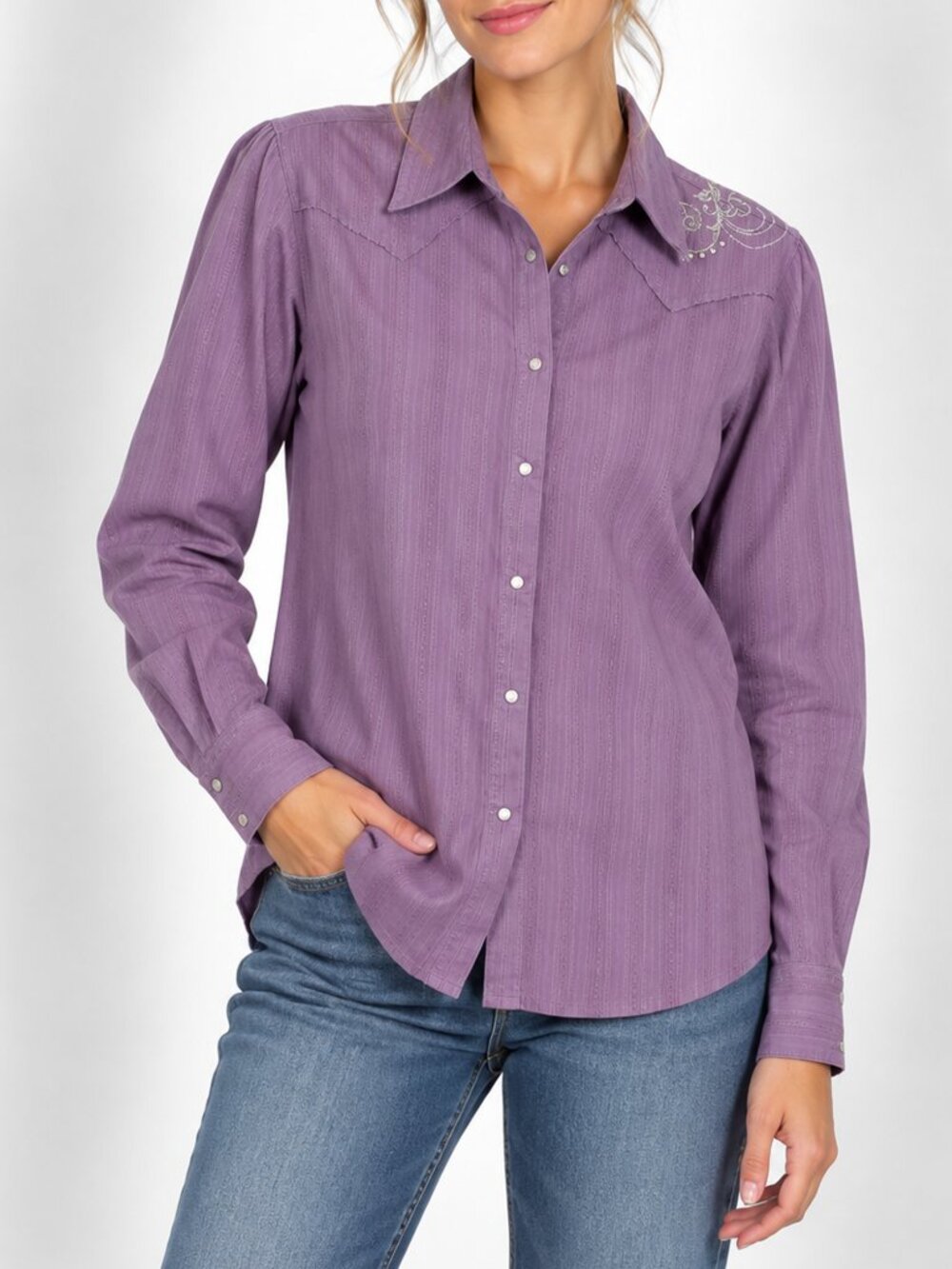 Wrangler Womens XL Purple Western Pearl Snap Shirt Embroidered Yoke Cowgirl